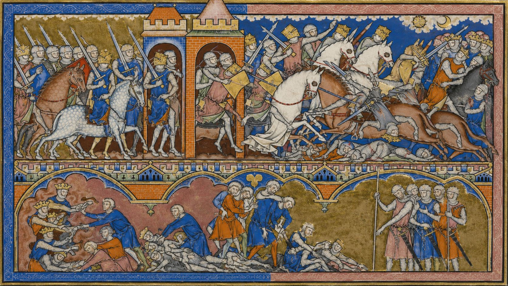 Miniatura medieval iluminada con escenas de batalla